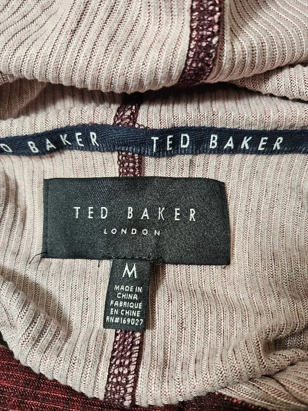 Ted Baker London Mens Ribbed Hoodie Burgundy Maroon Knit Pullover Size M